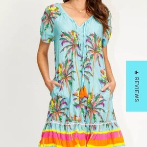 Lula Life Burleigh Shirred Dress Mist Tropical Light Cotton Pockets  S
